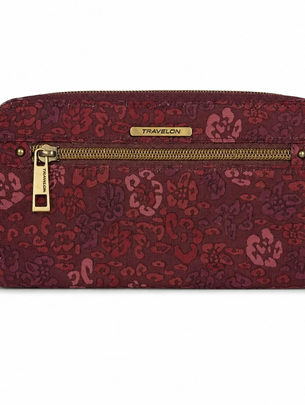 👜 Travelon RFID Zip Around Wallet Burgundy Floral Travel Organizer Clutch EUC